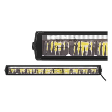 Hamron LED-lysstang med rektangulær form, svart ramme og flere gule LED-segmenter under en klar linse. Sertifiseringsmerkene er synlige på lyslinjen, som vises både i detaljerte nærbilder og i helfigursperspektiv.