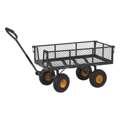 En Hard Head svart metallnättransportvagn med fyra stora hjul accentuerade av orange mitter och ett långt framhandtag för enkel manövrering. Sidorna på vagnen är gjorda av öppna nätpaneler.