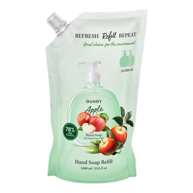 En 1000 ml Gunry Hand Soap Refill äppelpåse med bilder på röda äpplen och en tvålpump på framsidan. Förpackningen visar att den använder 78 % mindre plast för miljömässiga fördelar, med tydlig text och illustrationer visade.