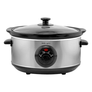 En Bright Slow Cooker med rostfritt stål-exteriör, glaslock och svarta handtag; En främre kontrollknapp visar inställningar för av, värme, låg och hög. Varumärket är tryckt på frontpanelen.