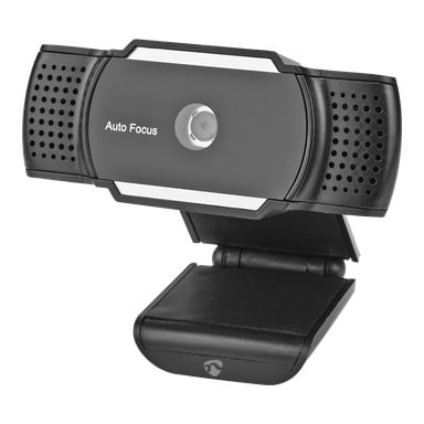 Nedis WCAM110BK är en slank svart rektangulär webbkamera med "Auto Focus" framtill, inbyggda mikrofoner på vardera sidan och ett justerbart klämställ för att monteras säkert på skärmar eller andra ytor.
