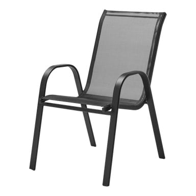 En svart metall EKVIP utomhusstol med nättyg på sätet och ryggstödet, böjda armstöd och fyra raka ben. Stilen är minimalistisk och samtida.