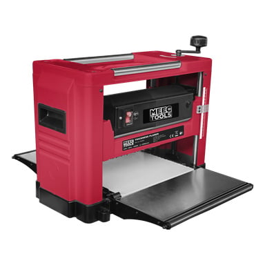 Ein rot-schwarzer Meec Tools PL-W HOME 330 Dickenhobel mit Metallbasis und Seitengriffen, vordere und hintere Bretter sind ausgefahren.