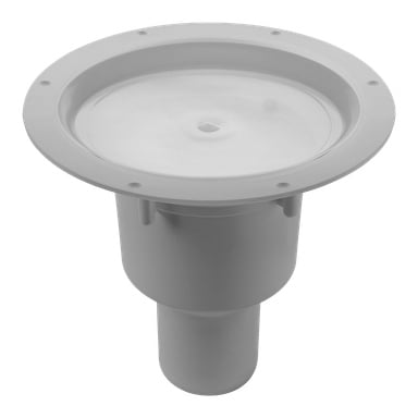 Ett matt grått JAFO-golvbrunn med ett utlopp i botten, med en rund plastkropp, ett platt cirkulärt galler ovanpå, flera skruvhål runt kanten och en cylindrisk sektion som sträcker sig nedåt.