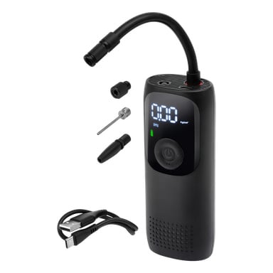 Hamron Portables däckpump har en elegant svart design med digital skärm, flexibel slang, strömknapp, tre munstyckstillbehör och en medföljande USB-laddningskabel.