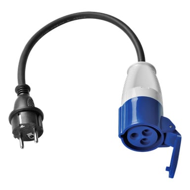 Anslut Adapter CEE on musta sähköjohto, jonka toisessa päässä on tavallinen eurooppalainen pistoke ja toisessa sinivalkoinen teollisuuspistorasialiitin.