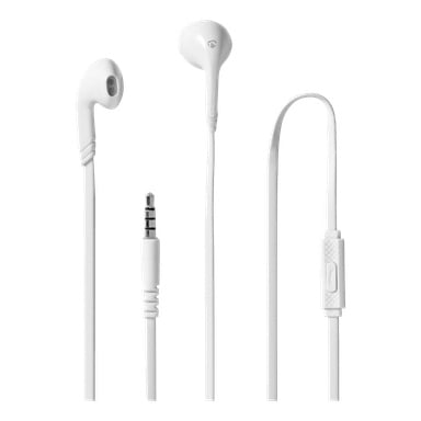 Nedis in-ear hörlurar med vit kabel, en in-line mikrofon och kontrollknapp, 3,5 mm ljudkontakt och två hörlurar.