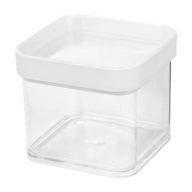 Menuett Storage-burken för torrvaror är en klar, fyrkantig plastbehållare med vitt lock, som visas tom, vilket framhäver dess raka sidoprofil.
