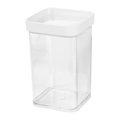 Menuett Storage Jar för torrvaror är en transparent, rektangulär plastbehållare med vitt lock, perfekt för skafferi eller kök. Den är tom.