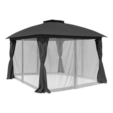 EKVIP Myggnätsväggar för paviljongtältet (set om 4) visas fästa vid ett fyrkantigt utomhuspaviljong med svart tak och svarta gardiner knutna vid varje hörnstolpe. De fina nätpanelerna från EKVIP skapar slutna väggar, med golvytan öppen.