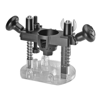 En svart och silverfärgad Dremel Router Accessory 335 har två ergonomiska handtag, en justerbar djupmätare, synliga fjädrar och en transparent plastbas. Den är gjord för att fästa ett roterande verktyg för exakt träarbete eller snideri.