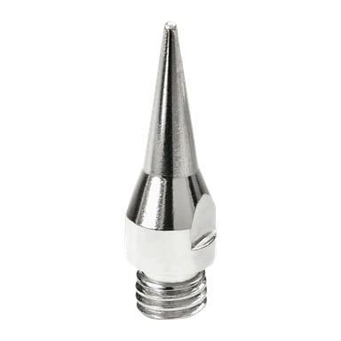 Visas ett 2-pack med Dremel Soldering VersaTip 201 ersättningsmunstycken, var och en gjord av metall med en glänsande, slät yta. Munstyckena har spetsiga, koniska spetsar och gängade baser för installation, och har en liten platt flik på sidan för att säkerställa säker passform.