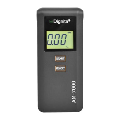 En svart Dignita Alcotest-alkommeter med en digital skärm som visar 0,00, två orangekantade knappar märkta START och MINNE, samt produktnamnet vertikalt längs höger kant.