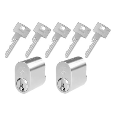 Två ABUS Zolit-låscylindrar är placerade under fem identiska silvernycklar. Både lås och nycklar har en metallisk finish, med ABUS-logotypen på varje nyckel.