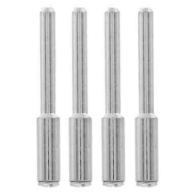 Fyra identiska metallstänger från Dremel Spindle Set 402 står uppradade, var och en med en blank, reflekterande finish och en design med bred bas som avsmalnar till en smalare topp.