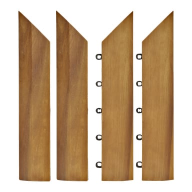 Cztery "Corners floor tiles 4 pieces" autorstwa Hard Head stoją pionowo. Trzy płytki mają prosty wzór, a jeden pokazuje sześć czarnych plastikowych klipsów równomiernie rozmieszczonych wzdłuż jednej strony.
