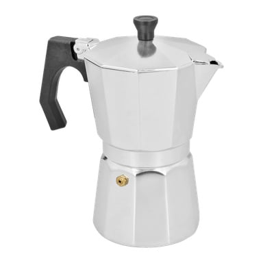En Menuett Moka-pota med en silverfärgad oktagonaal kropp, svart handtag och ratt, samt en säkringsventil i mässing på den nedre kammaren.