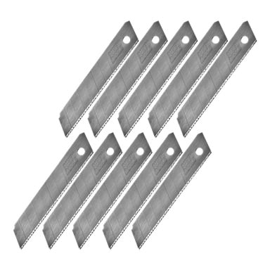 Tio silverfärgade "Break-off blade 10 pack"-blad från Meec Tools placeras i två rader om fem. Varje blad har ett hål nära ena änden och flera ristade linjer för att bryta av använda segment.