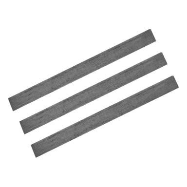 Tre identiska, rektangulära grå metallremsor från Meec Tools Planing bit 3-pack är arrangerade parallellt och diagonalt från nedre vänstra till övre högra hörnet.
