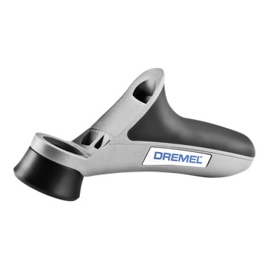 Ett silver- och svart Dremel Precision-handtag 577-fäste med ett format ergonomiskt grepp, som visar Dremel-logotypen på sidan och en cirkulär öppning i ena änden.