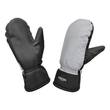Ett set svarta och grå Kayoba Outdoors-vantar med texturerade handflator, resår vid handlederna och märkets logotyp synlig på manschetterna.