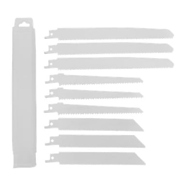 Nio Meec Tools bajsågblad från 9-delarna står uppradade bredvid ett transparent plastförvaringsfodral.