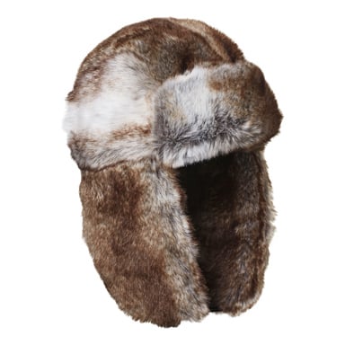En Kayoba Outdoor Fur-hatt gjord av brun och vit fuskpäls med öronflikar och bred framkant.