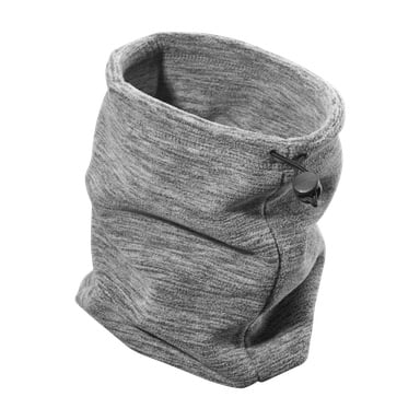 En grå Kayoba Outdoor Neck Collar står upprätt och visar upp sin justerbara dragsko och växling. Materialet verkar mjukt och lätt texturerat, vilket framhäver dess bekväma konstruktion.
