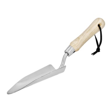 En rostfri stålspade av Hard Head Garden med ett lätt trähandtag och en svart läderögla.