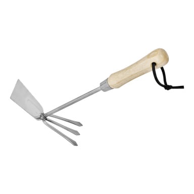 Hard Head Cultivator-hackan har ett trähandtag, svart rem, metallskaft, tre taggar och ett platt blad.