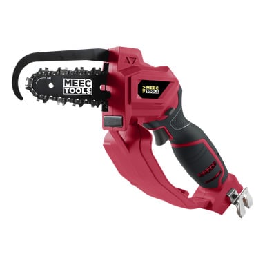 En röd och svart batteridriven beskärningssåg märkt SP-18V HOME 300 från Meec Tools Multiseries, med kort blad, strukturerat grepphandtag, avtryckare och bladskydd.