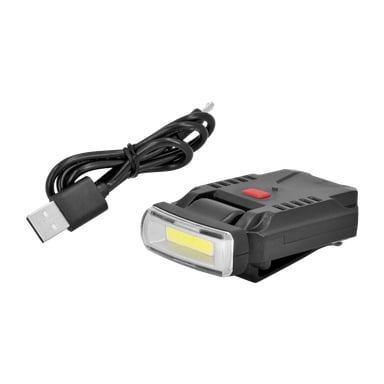 En svart Anslut uppladdningsbar kondensatorlampa med en röd knapp och ett transparent lock över dess LED-remsa placeras bredvid dess spiralade USB-laddningskabel med en USB-A-kontakt.