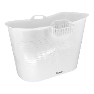 Ett rymligt vitt plastbadkar från EKVIP med horisontella spår, ett översta handtag, blommig design på sidan och en liten fastmonterad förvaringskorg. Framsidan visar varumärket EKVIP.