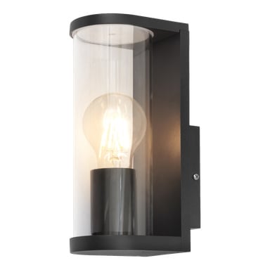 EKVIP Wall Lamp är en slank svart metallarmatur designad för väggmontering, med en klar cylindrisk glasskärm som avslöjar en belyst glödlampa inuti.