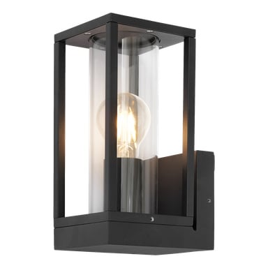 EKVIP-vägglampan har en slank svart metallram och en transparent cylindrisk glasskärm. Designen visar en exponerad lampa i mitten och är fäst på en rektangulär monteringsplatta.