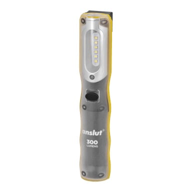 En portabel Anslut LED-uppladdningsbar arbetslampa med genomskinligt fodral som avger 300 lumen. Framsidan visar fem LED-lampor, en cirkulär strömknapp och gula detaljer som kantar kanterna.