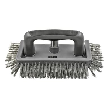 En rektangulär stålborste med ett svart ergonomiskt plasthandtag och tätt packade metallborst längs kanterna. Varumärket "Hard Head" är tryckt på borstens bas.