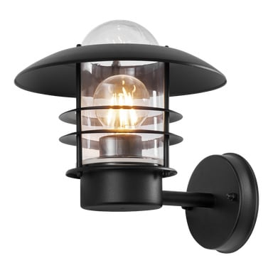 EKVIP-vägglampan har en svart metalldesign med en rund sockel och tre horisontella ringar runt ett klart glashus. Inuti finns en lysande glödlampa under ett kupolformat lock. Armaturen är designad för direkt väggmontering.