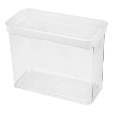 En klar, rektangulär plastbehållare märkt Menuett Storage Jar for dry goods med matchande lock, visade tom.