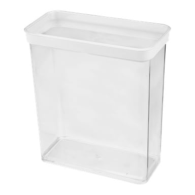 Menuett Storage burk för torrvaror är en transparent, rektangulär behållare med raka sidor, rundade hörn och vitt lock. Den är tom.