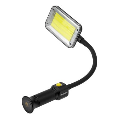 En flexibel LED-arbetslampa från Anslut med rektangulärt ljushuvud, ett svart handtag utrustat med en gul av/på-knapp och Anslut-logotypen visad på handtaget.