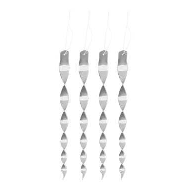Fyra metalliska silverspiralstänger från Hard Head Bird Deterrent 4 Pack, var och en med en platt topp med hål och vit snörra, stående upprätt i en rad.