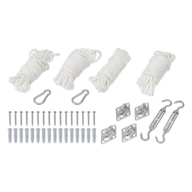 EKVIP Sun Sail Assembly Kit (44 delar) är prydligt uppställt och visar fyra virvlade vita rep, två karbinhakar, fyra metallplåtar, två krokar med hörnhorn, tio väggpluggar och tio skruvar.
