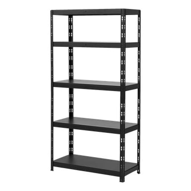 En svart metallhylla för Hard Head Storage med fem justerbara hyllor, var och en hålls uppe av vertikala ramar med många hål för variabel höjdjustering. Hyllorna är tomma.