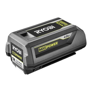 Ett Ryobi Max Power RY36B40B 4,0Ah uppladdningsbart batteripaket med grått hölje, svarta och gula etiketter samt en sidoindikator finns där.