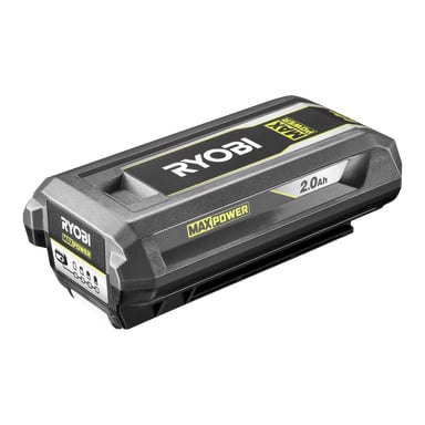 Ryobi Max Power RY36B20B 2,0Ah 18V litiumjonbatteripack ser vinklad ut och visar sin djärva märkning, en synlig effektindikator och ett stadigt grått och svart plastfodral med gula detaljer.