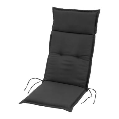 EKVIP High Back Cushion on musta tuolialusta, jossa on ommellut paneelit ja sivunauhat, suunniteltu parantamaan mukavuutta ja tukea tuoleilla.