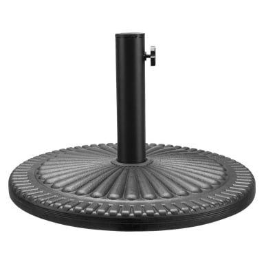 En svart metallparasollbas med en cirkulär, strukturerad plattform och en central upprätt stång utrustad med en sidoåtdragningsknopp.