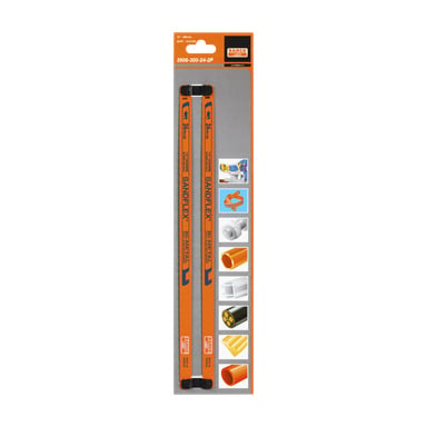 Bahco Saw blade 2-pack paket med två orangea bimetallbågsågsblad och produktdetaljer. Till höger visar ikoner lämplighet för att skära metallrör och plaströr.