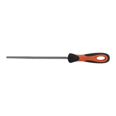 En Bahco rund fil med et langt, strukturert sylindrisk blad og et svart og oransje ergonomisk håndtak, egnet for filing eller forming av metall eller tre.